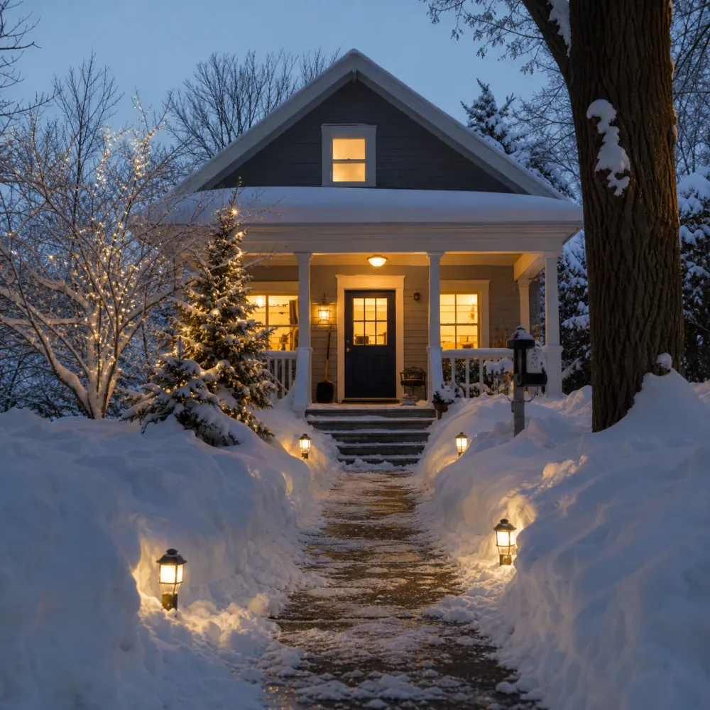A two-story house with a lit porch and glowing windows at dusk, with a shoveled path lined by small lanterns leading through deep snow to the front steps, and a large bare tree trunk at right.