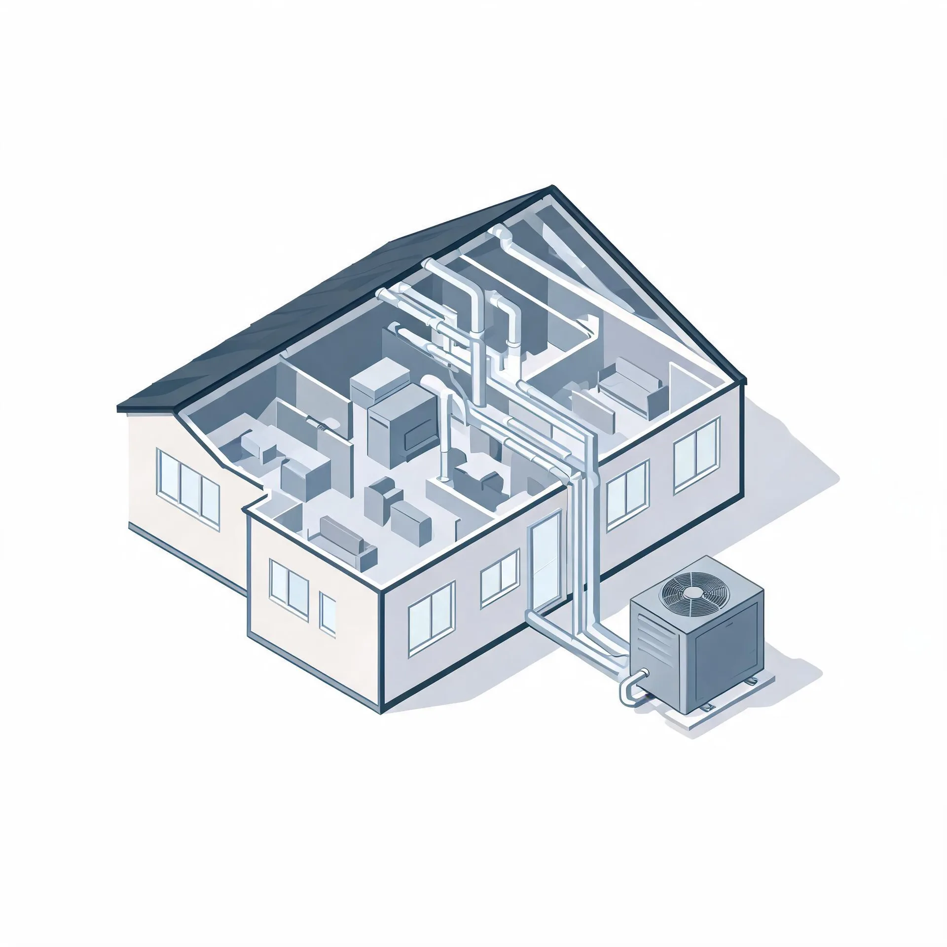 Isometric illustration of a cutaway single-story house showing interior ductwork and vents connected to an outdoor condenser unit beside the building, on a white background.