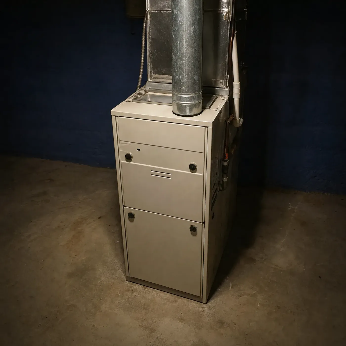 A beige residential furnace stands on a concrete basement floor against a dark blue painted wall, with galvanized metal ductwork and a flue pipe rising from its top and white pipes running along its right side.