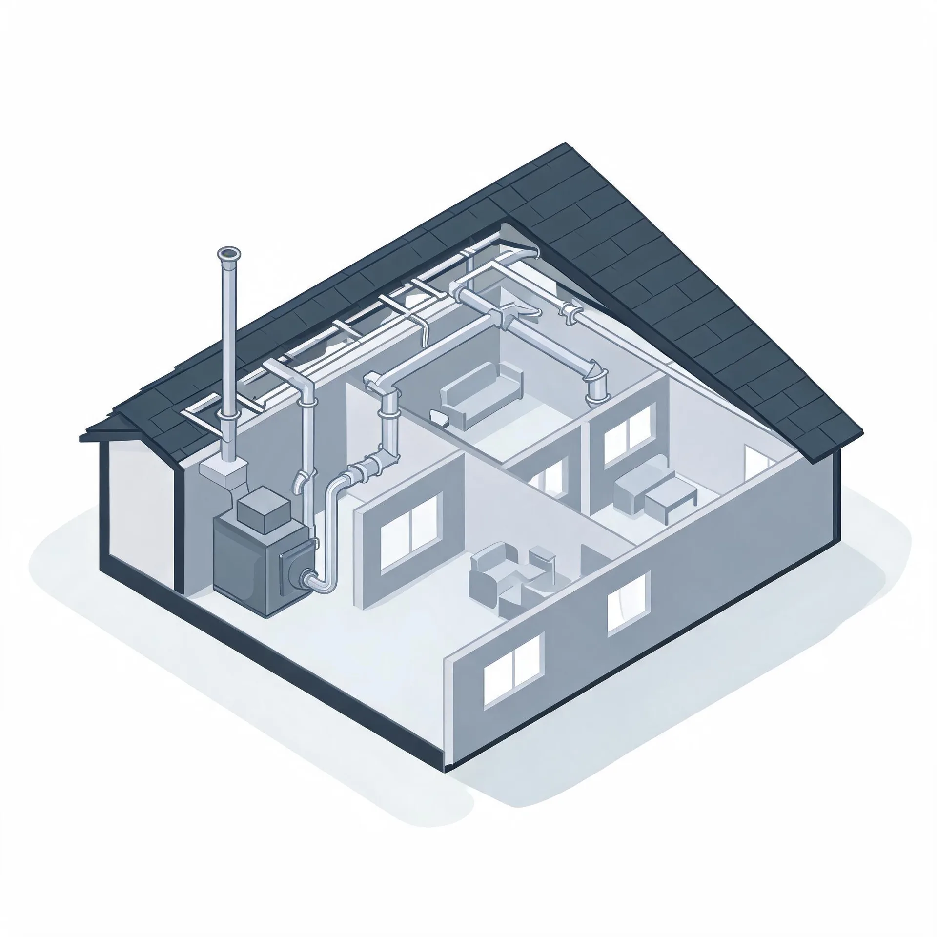 Isometric cutaway illustration of a single-story house showing interior rooms, a furnace unit with flue pipe, and branching ductwork running through the ceiling space under a dark shingled roof.