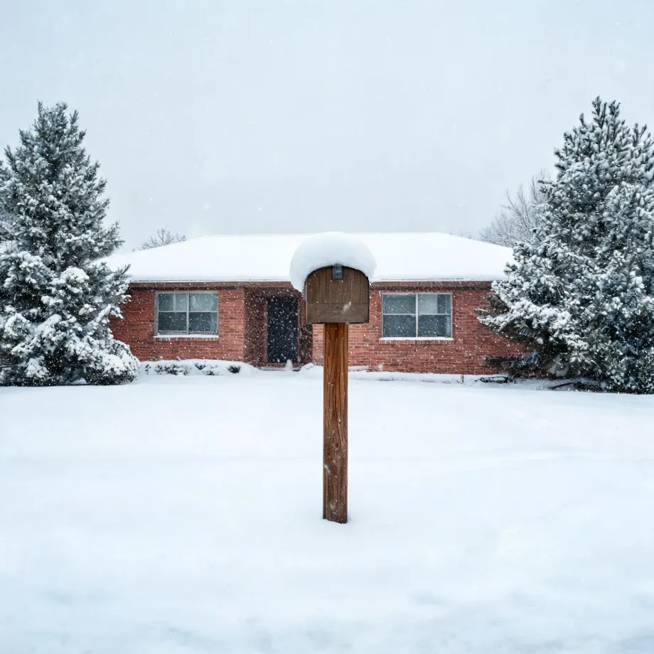 A single-story red brick house with a snow-covered roof stands behind a snowy yard, flanked by snow-laden evergreen trees, with a wooden post-mounted mailbox topped by thick snow in the foreground during falling snow.