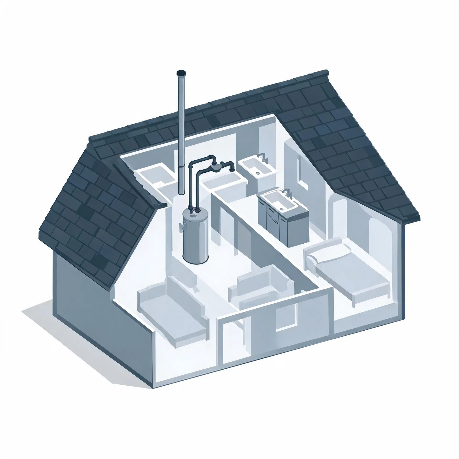 Isometric cutaway illustration of a small house showing interior rooms with furniture, a bathroom vanity, and a cylindrical water heater with piping and a tall flue extending through the roof.