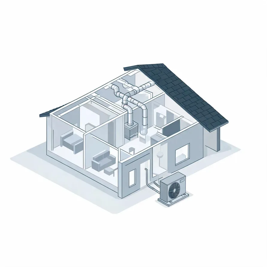 Isometric line illustration of a cutaway house showing interior rooms with furniture, ceiling ductwork connected to an indoor air handler, and an outdoor condenser unit linked by refrigerant lines.