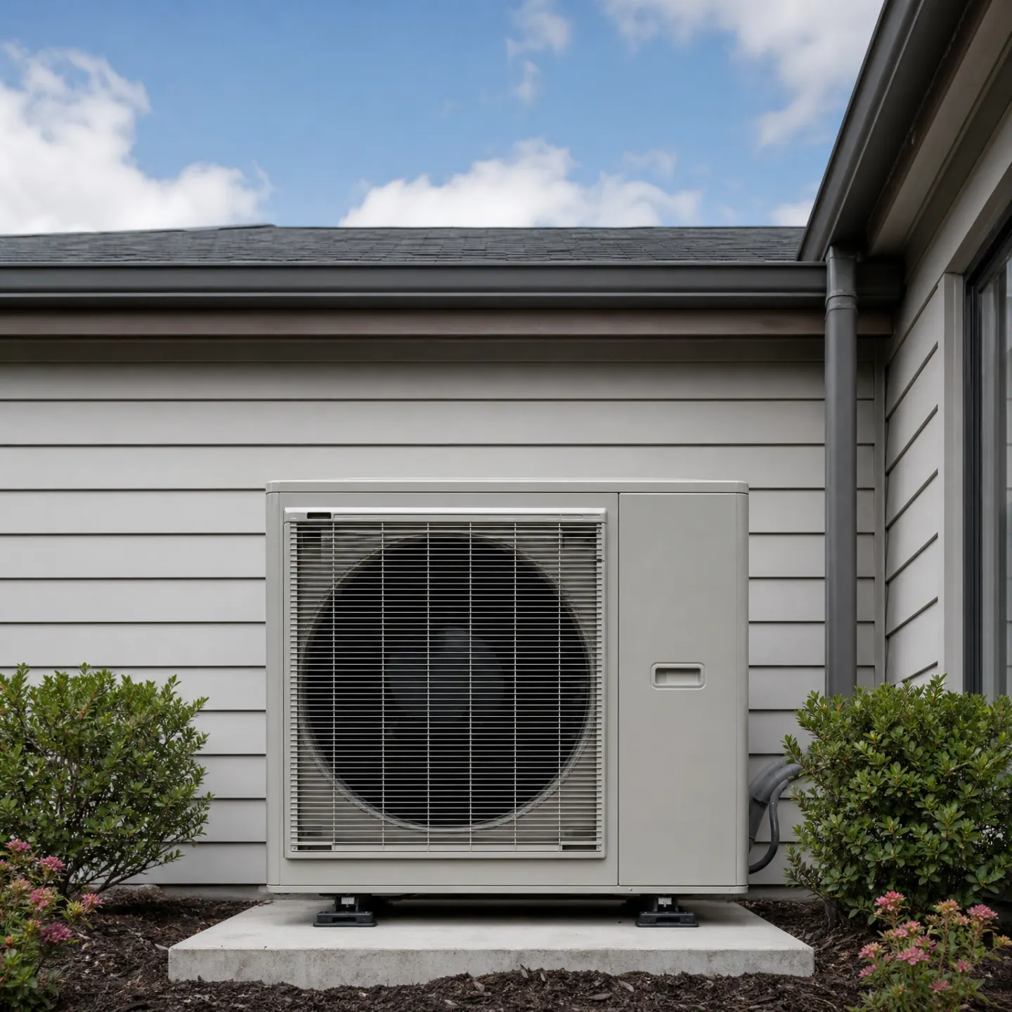 A gray heat pump condenser unit mounted on a concrete pad against the gray lap-siding exterior wall of a house.