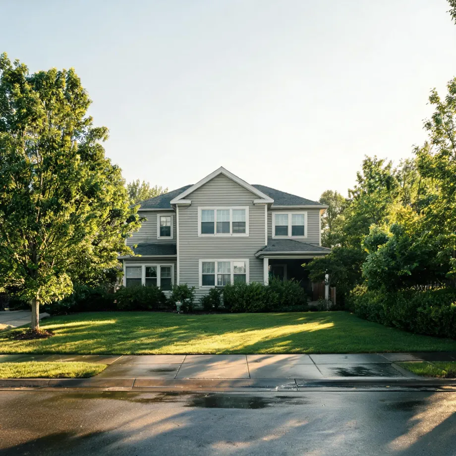 A two-story house with light gray horizontal siding and white-trimmed windows, set behind a mown lawn with shrubs, flanked by large green trees, with a sidewalk and wet street in the foreground.