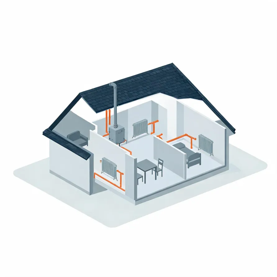 Isometric cutaway illustration of a single-storey house showing a boiler with flue, orange heating pipes running through rooms to several radiators, plus a table with chairs, a bed and an armchair.