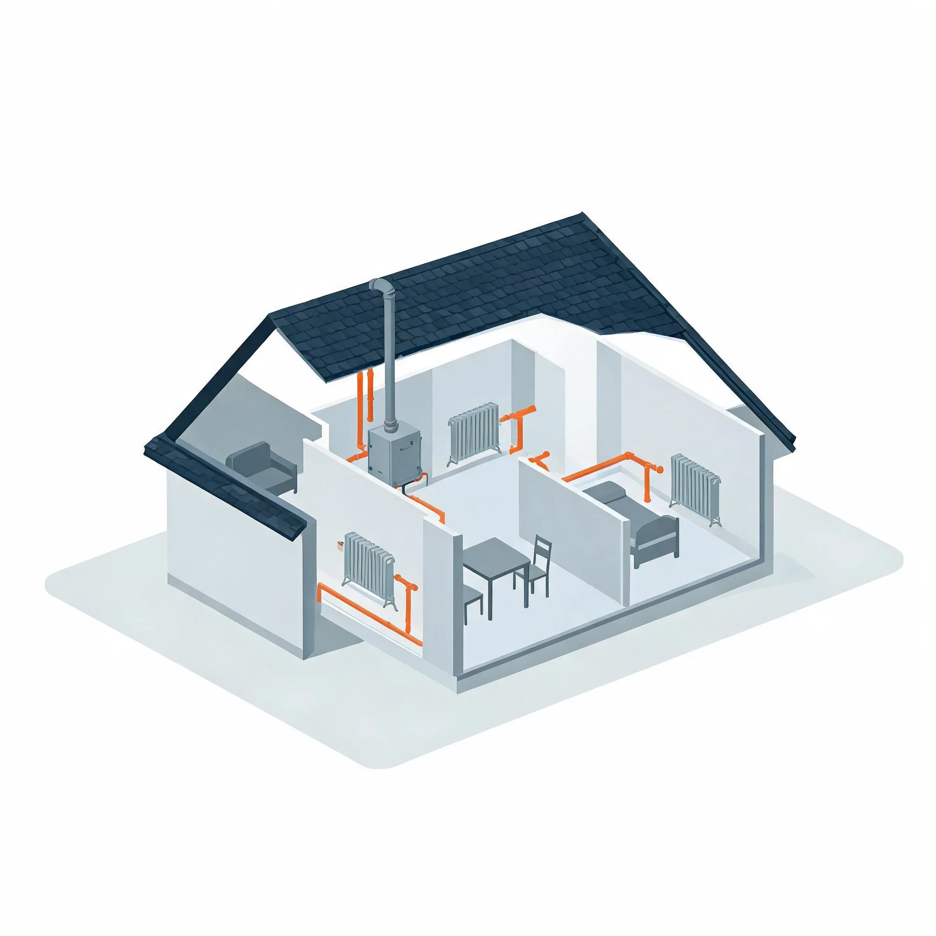 Isometric cutaway illustration of a single-storey house showing a boiler with flue, orange heating pipes running through rooms to several radiators, plus a table with chairs, a bed and an armchair.