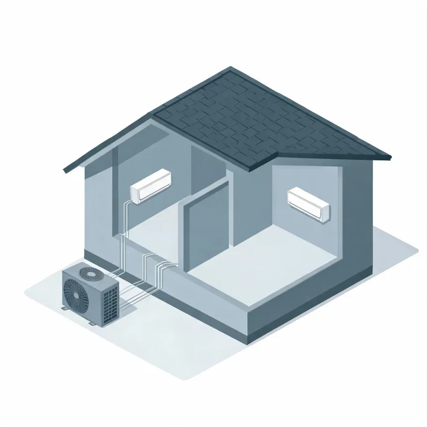 Isometric cutaway illustration of a small house showing two wall-mounted indoor air conditioning units connected by refrigerant lines to an outdoor condenser unit on the ground outside.
