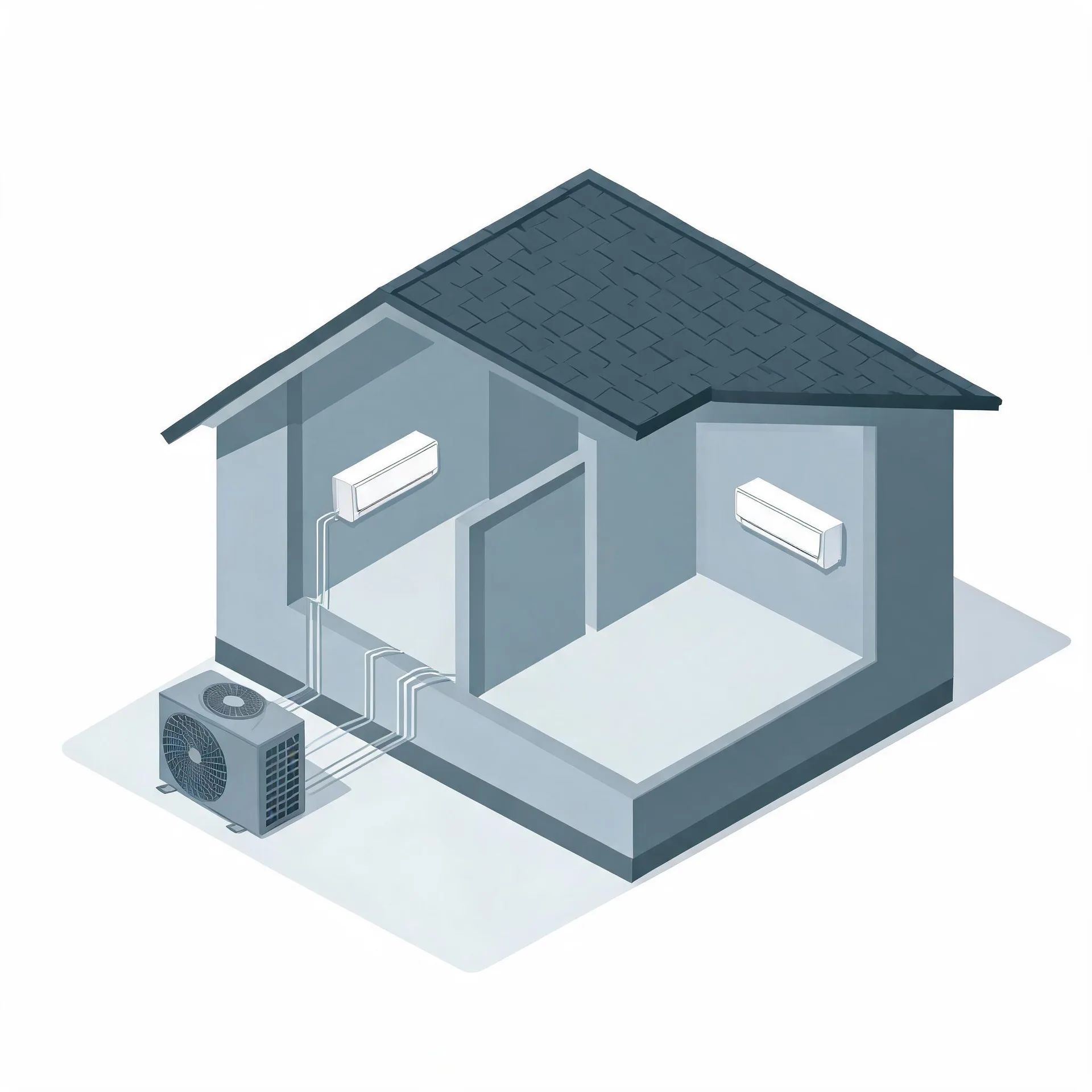 Isometric cutaway illustration of a small house showing two wall-mounted indoor air conditioning units connected by refrigerant lines to an outdoor condenser unit on the ground outside.