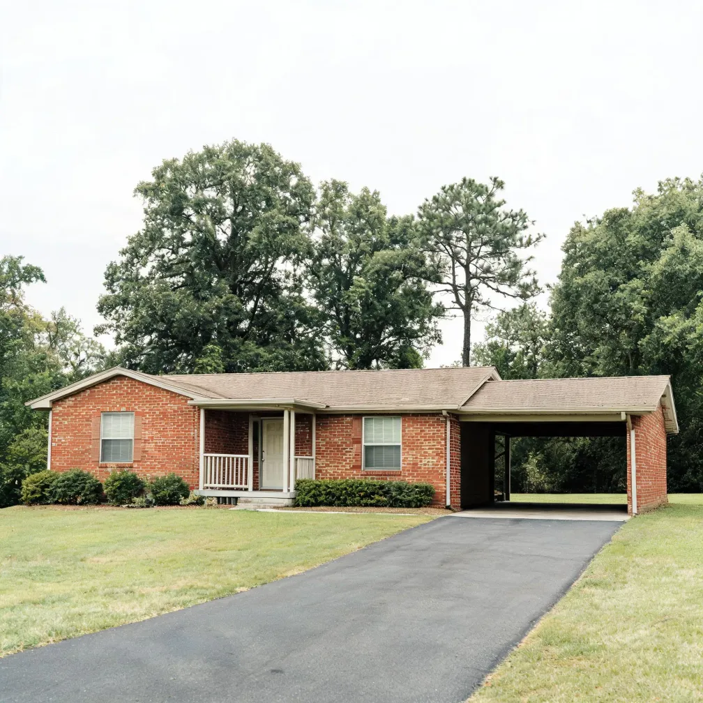 Single-story red brick ranch house with a small covered front porch, attached carport, and asphalt driveway, surrounded by mown lawn and mature deciduous trees under an overcast sky.