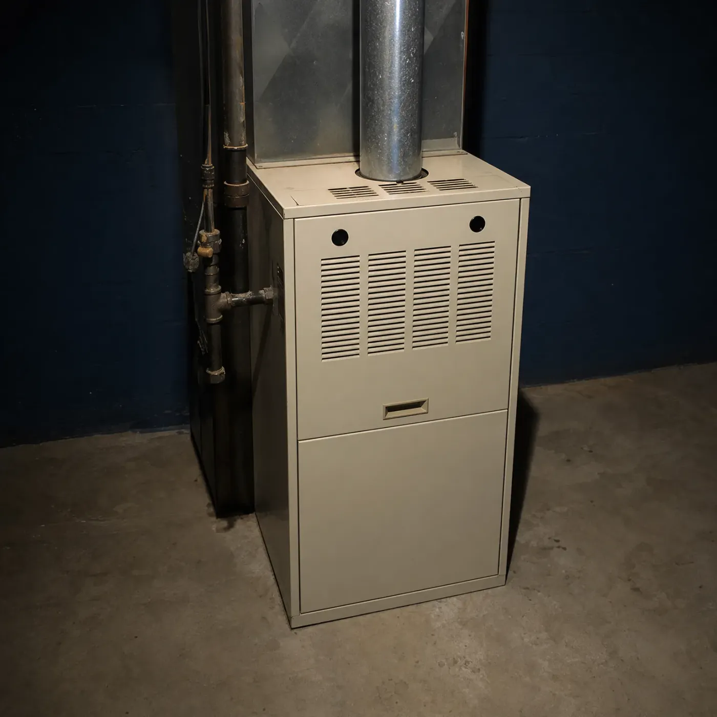 A beige sheet-metal furnace with a louvered front panel stands on a concrete floor against a dark blue painted block wall, with a metal flue pipe and ductwork above and older pipes to the left.