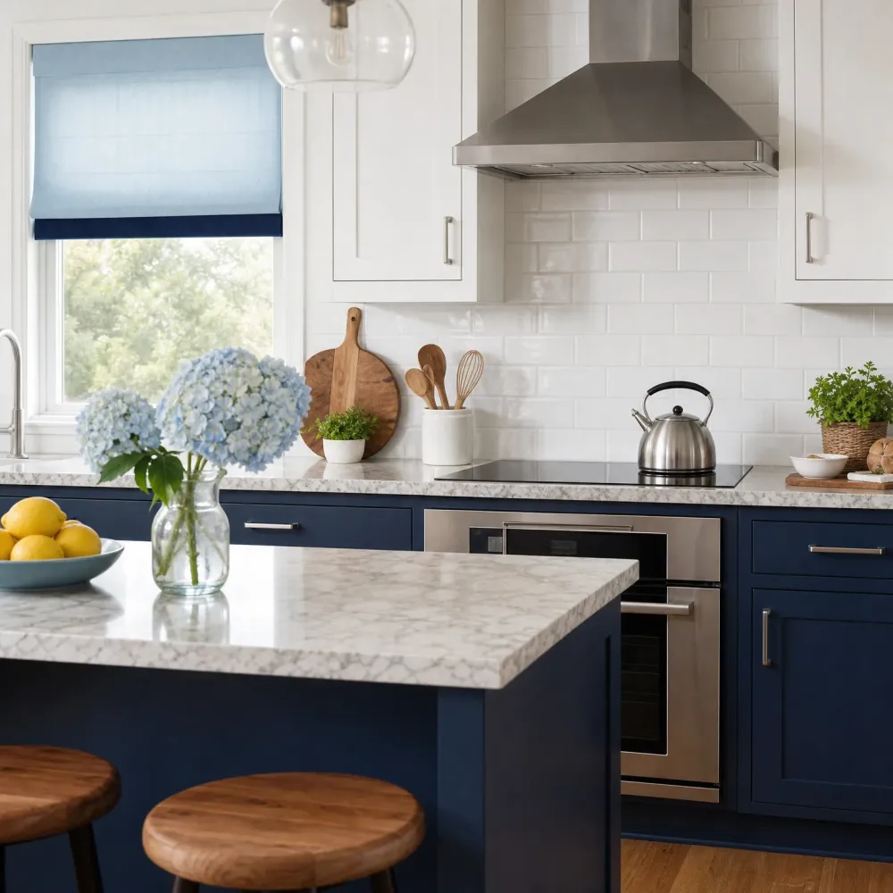 Kitchen with navy blue cabinets, light speckled stone countertops, white subway tile backsplash, stainless range hood and wall oven, a kettle on a cooktop, hydrangeas in a glass jar, a bowl of lemons, and wooden stools at an island.