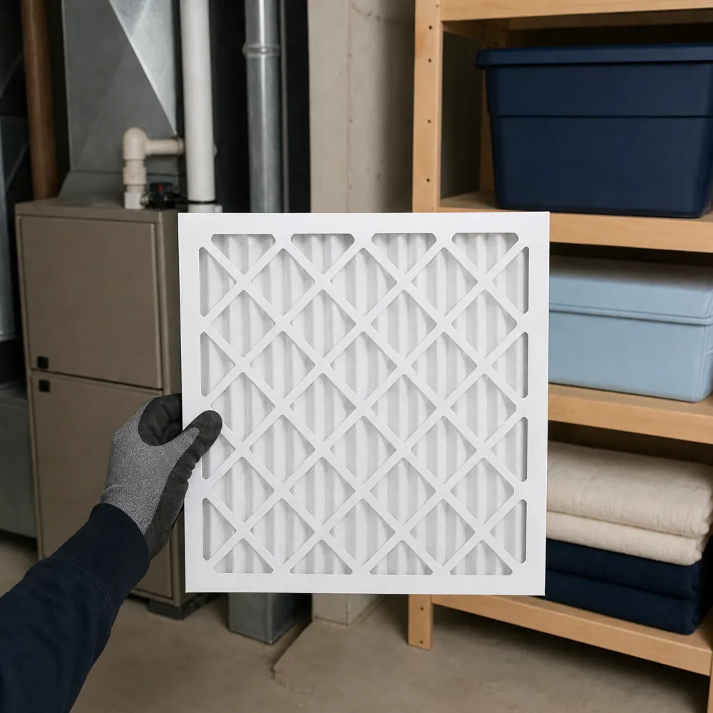 A gloved hand holds a clean white pleated air filter in front of a basement furnace, ducting, and wooden shelves holding plastic bins and folded textiles.