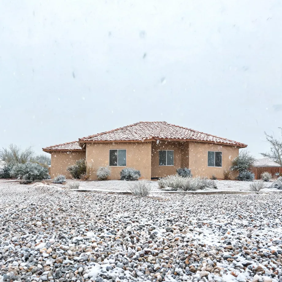 A single-story tan stucco house with a red tile roof during falling snow, surrounded by low desert shrubs and a gravel yard lightly dusted with snow.