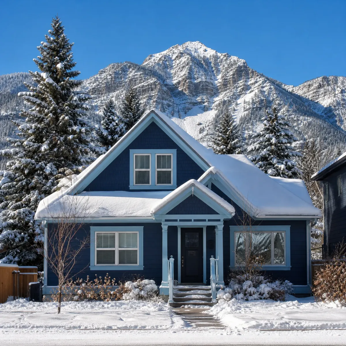 A navy blue single-family house with white trim and a snow-covered roof, flanked by snowy conifers, with a steep snow-covered mountain and clear blue sky behind it.