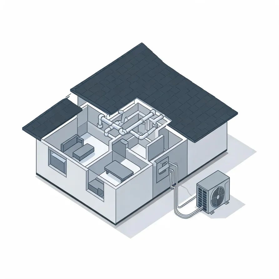 Isometric line illustration of a cutaway house showing interior rooms with furniture, ceiling ductwork under a dark shingled roof, and an outdoor condenser unit connected by lines on the right.