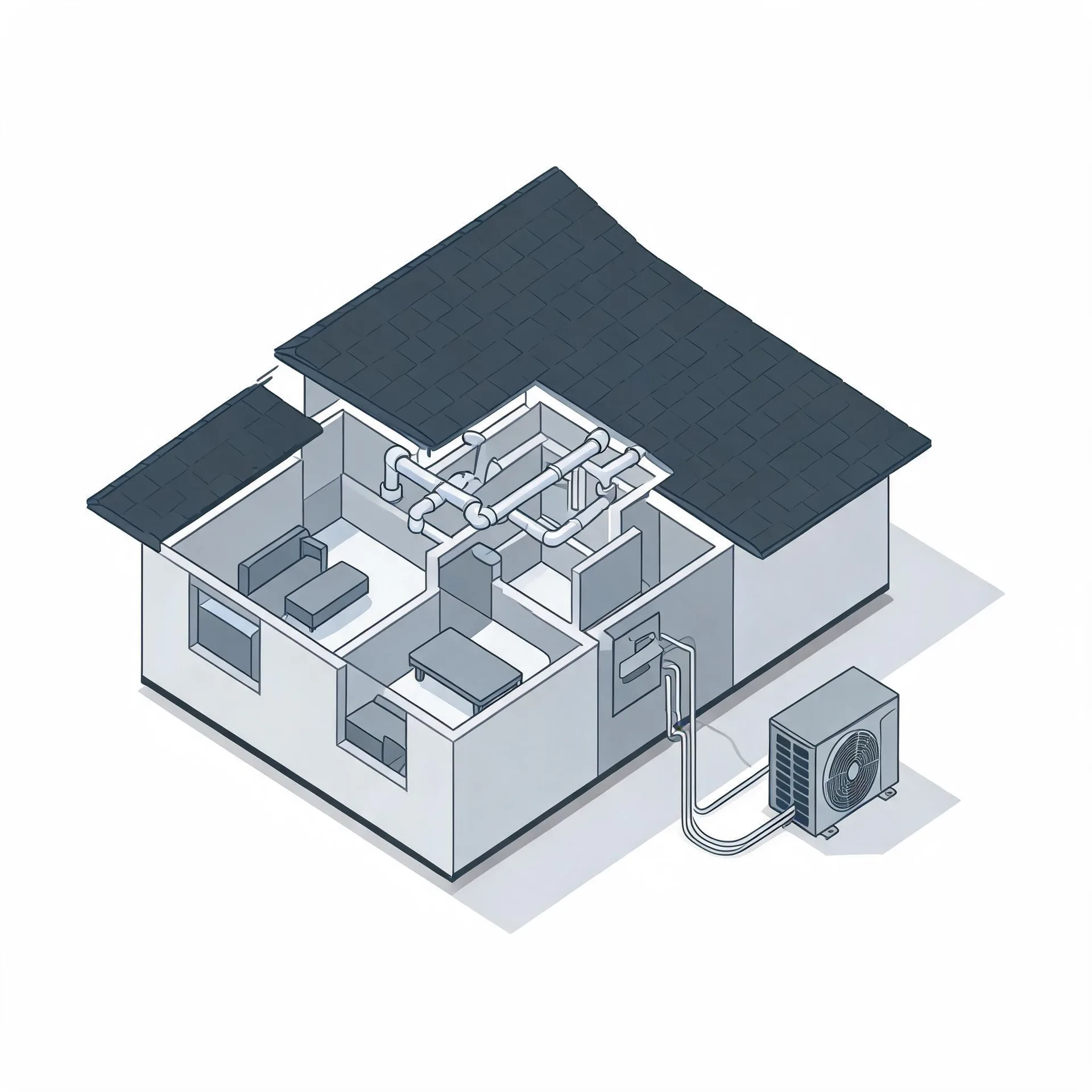 Isometric line illustration of a cutaway house showing interior rooms with furniture, ceiling ductwork under a dark shingled roof, and an outdoor condenser unit connected by lines on the right.