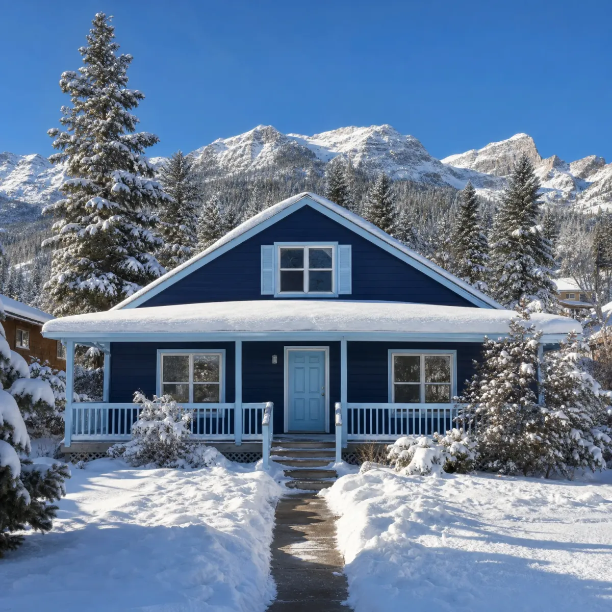 A dark blue single-story house with a light blue door, white trim and a covered porch, surrounded by deep snow, conifers and snow-covered mountains under a clear blue sky, with a shoveled path leading to the steps.