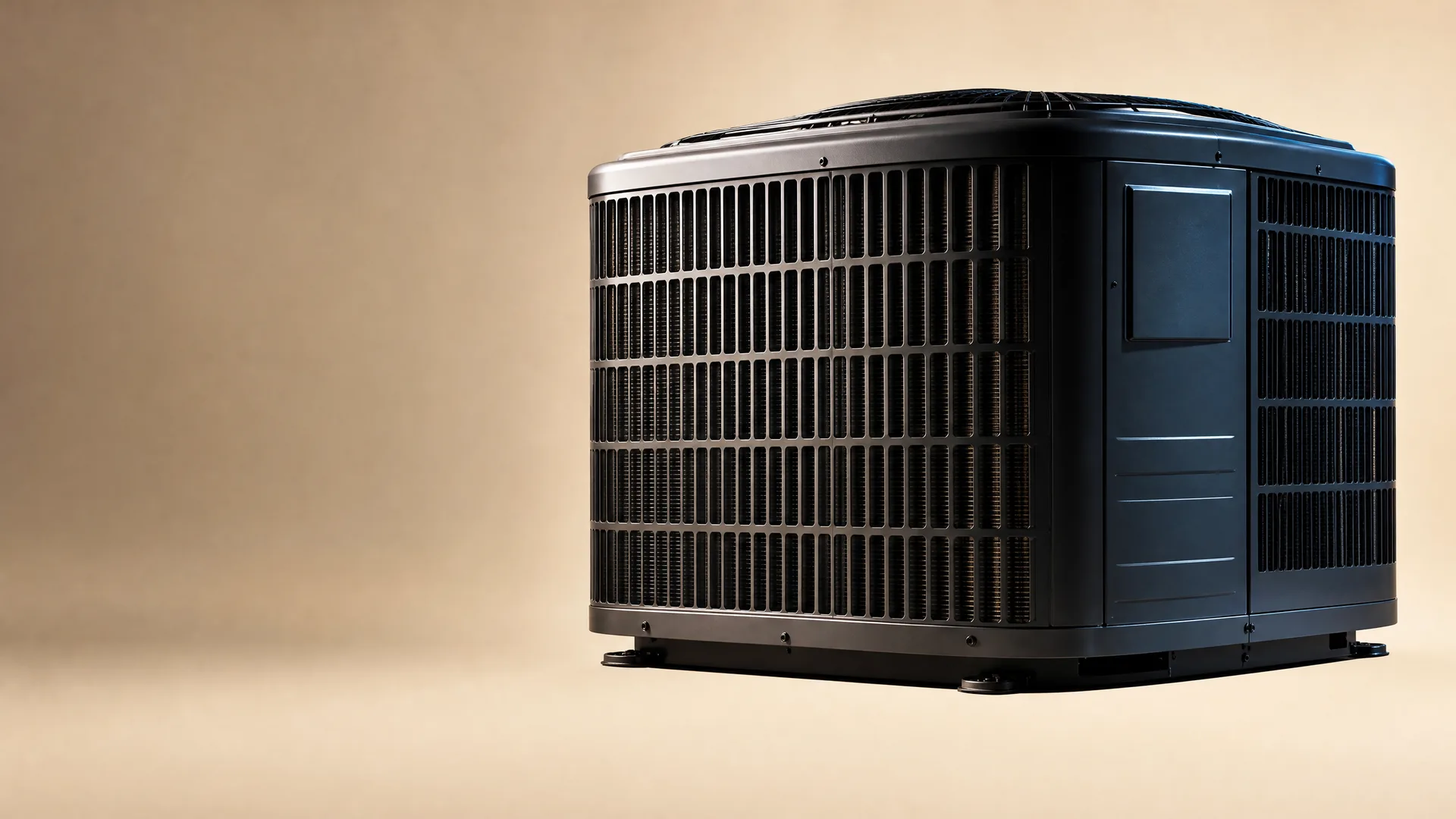 A black outdoor air conditioner condenser unit with louvered side panels and a top fan grille, shown against a plain tan background.