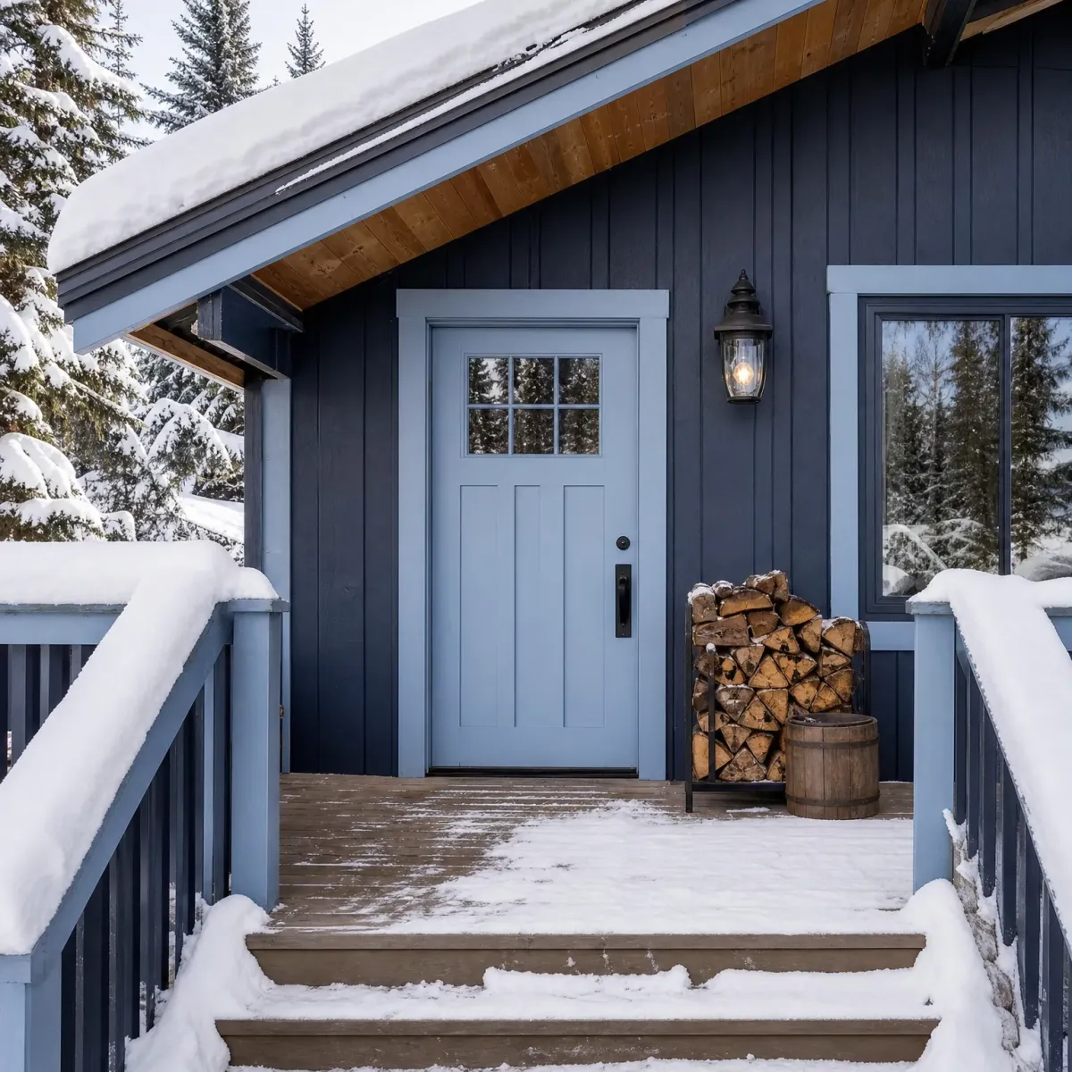 Snow-covered wooden porch and steps leading to a light blue front door on a dark navy board-and-batten cabin, with a lit lantern sconce, stacked firewood, a small barrel, and snowy conifers behind.