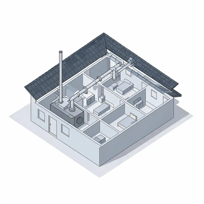 Isometric cutaway illustration of a single-story house showing interior rooms, furniture, a dark furnace unit with a tall vertical flue pipe, and ductwork running under the pitched shingle roof.