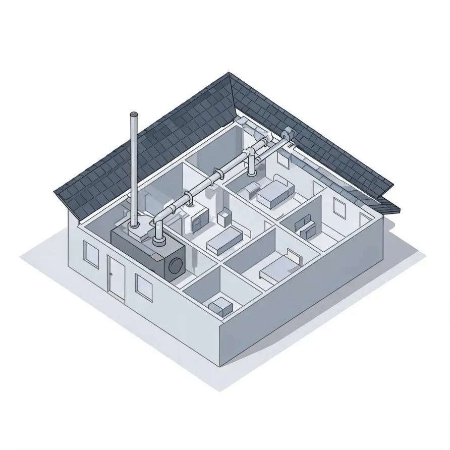 Isometric cutaway illustration of a single-story house showing interior rooms, furniture, a dark furnace unit with a tall vertical flue pipe, and ductwork running under the pitched shingle roof.