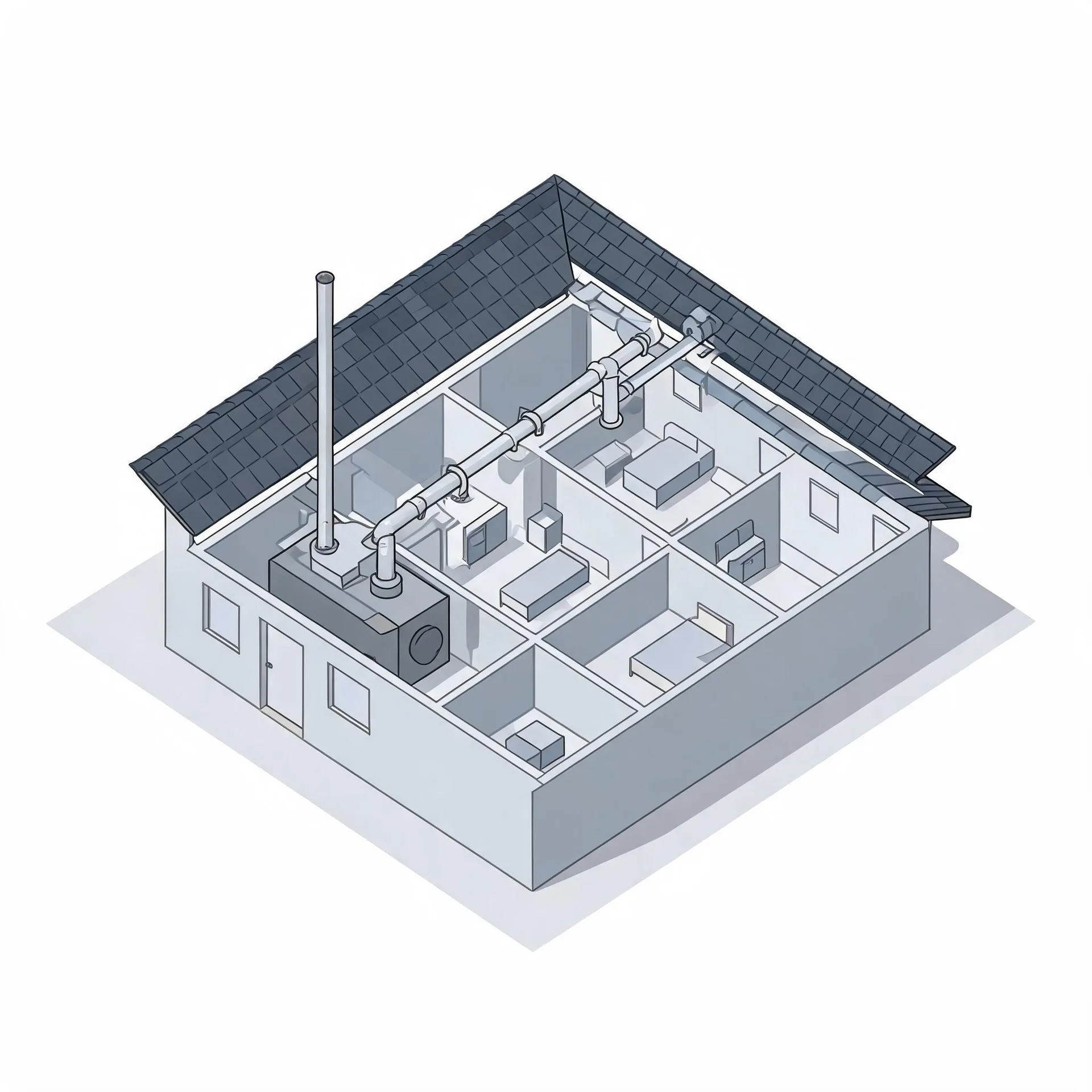 Isometric cutaway illustration of a single-story house showing interior rooms, furniture, a dark furnace unit with a tall vertical flue pipe, and ductwork running under the pitched shingle roof.