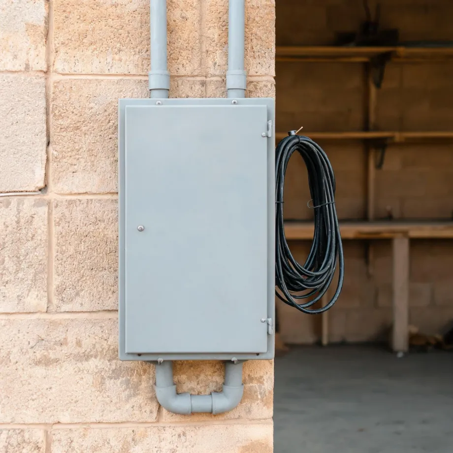 A gray metal electrical panel box mounted on a stone block wall, with conduit pipes entering at top and bottom and a coiled black cable hanging beside it.