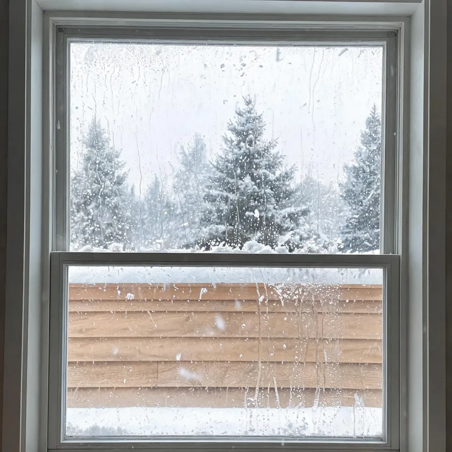 View through a condensation-streaked double-hung window of snow-covered conifer trees above a wooden lap-sided wall and snowy ground.