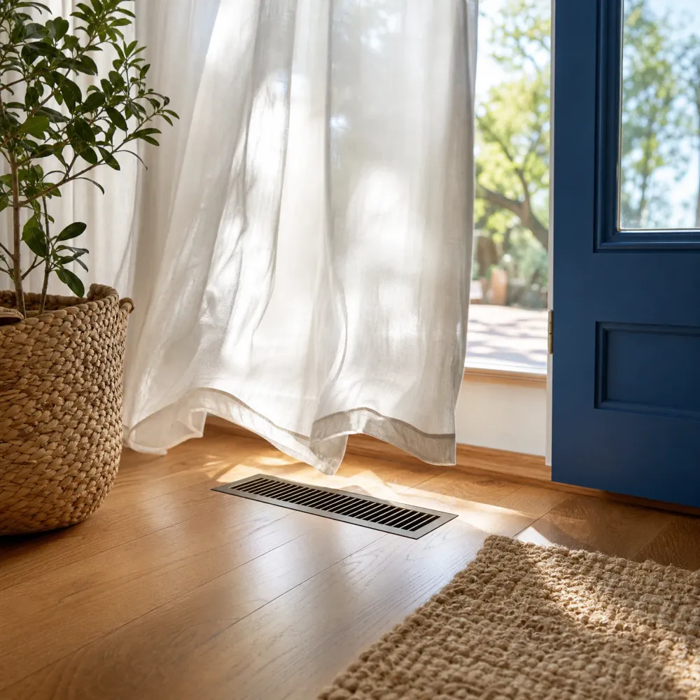 A linear metal floor vent set in a wood plank floor near an open blue door, with a sheer white curtain, a woven basket holding a plant, and a woven rug.