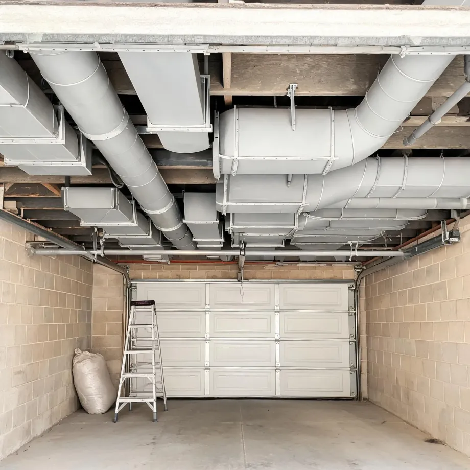 Interior of a garage with concrete block walls, a closed white sectional door, a step ladder and a filled sack on the floor, and exposed sheet-metal ductwork and pipes running along the wood-joist ceiling.