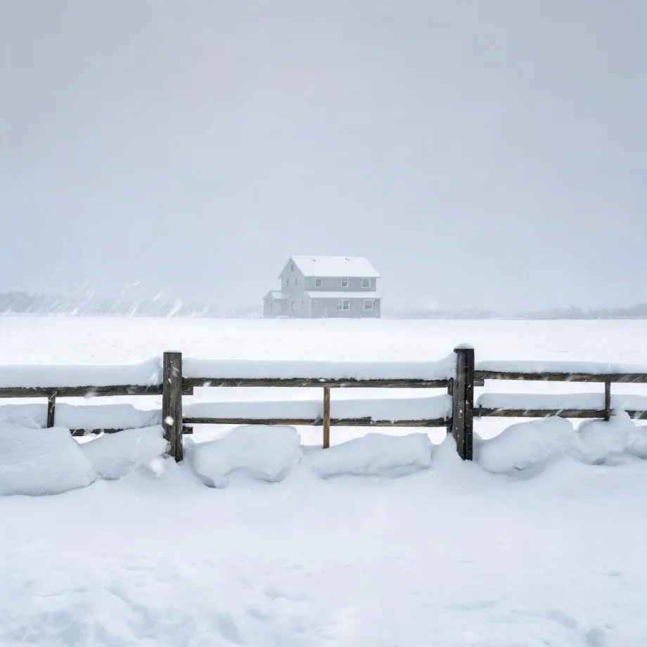 A two-story light-colored house stands alone in a snow-covered field during falling snow, with a snow-topped wooden rail fence crossing the foreground under a pale gray sky.