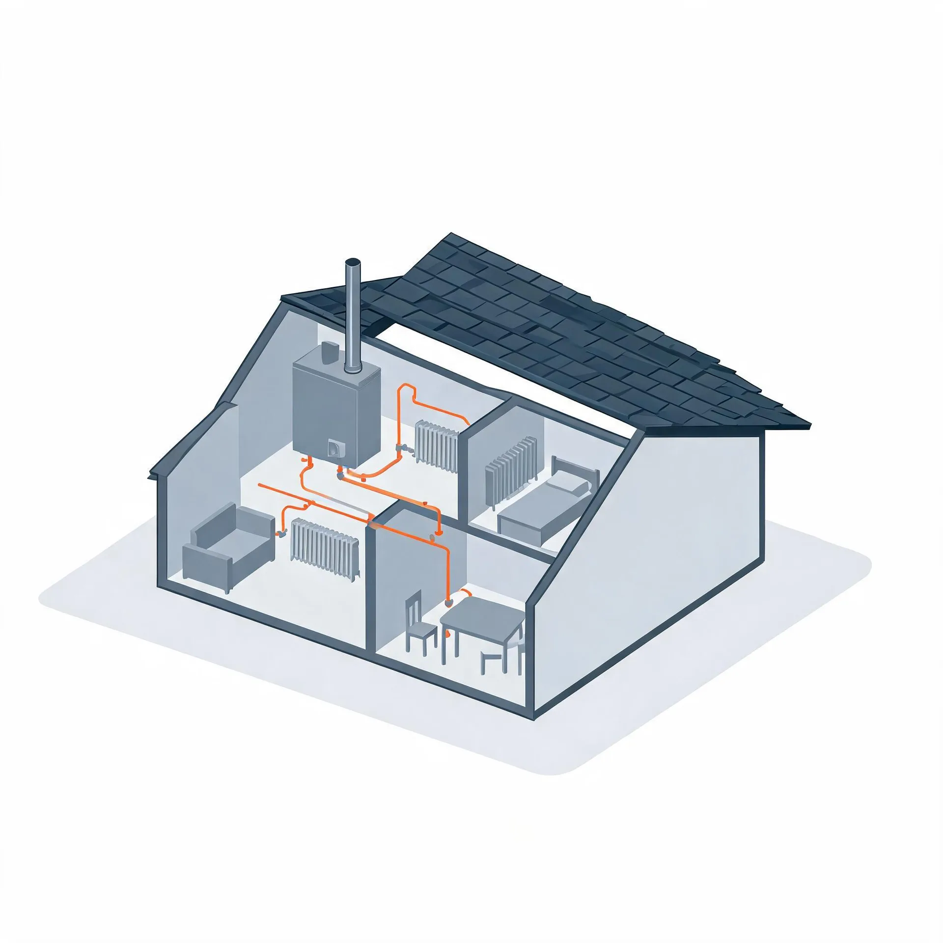 Isometric cutaway illustration of a house showing a wall-mounted boiler with a flue connected by orange pipes to radiators in several furnished rooms.