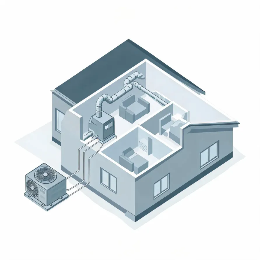 Isometric cutaway illustration of a two-room house showing an indoor air handler with ductwork connected by lines to an outdoor condenser unit on a pad.