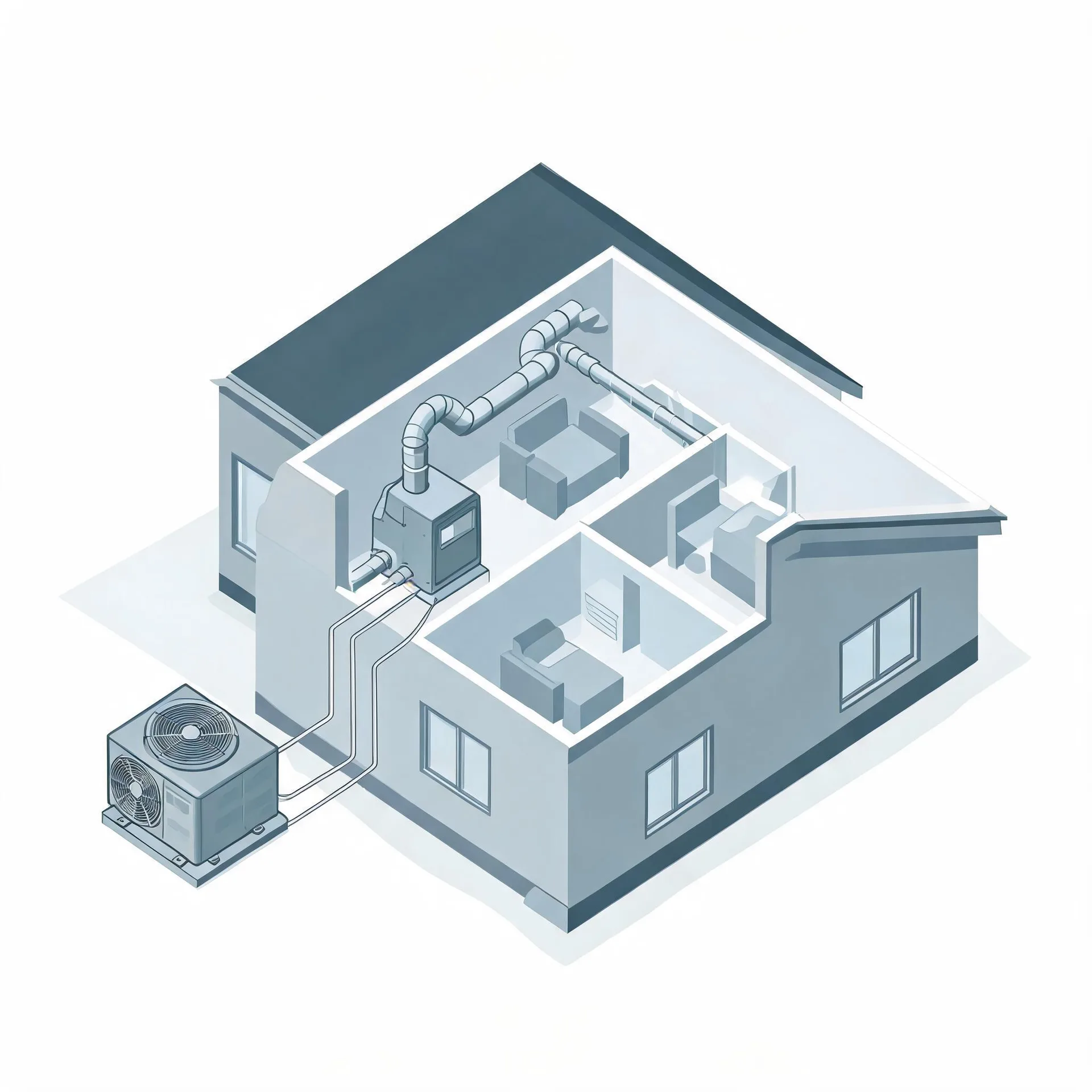 Isometric cutaway illustration of a two-room house showing an indoor air handler with ductwork connected by lines to an outdoor condenser unit on a pad.