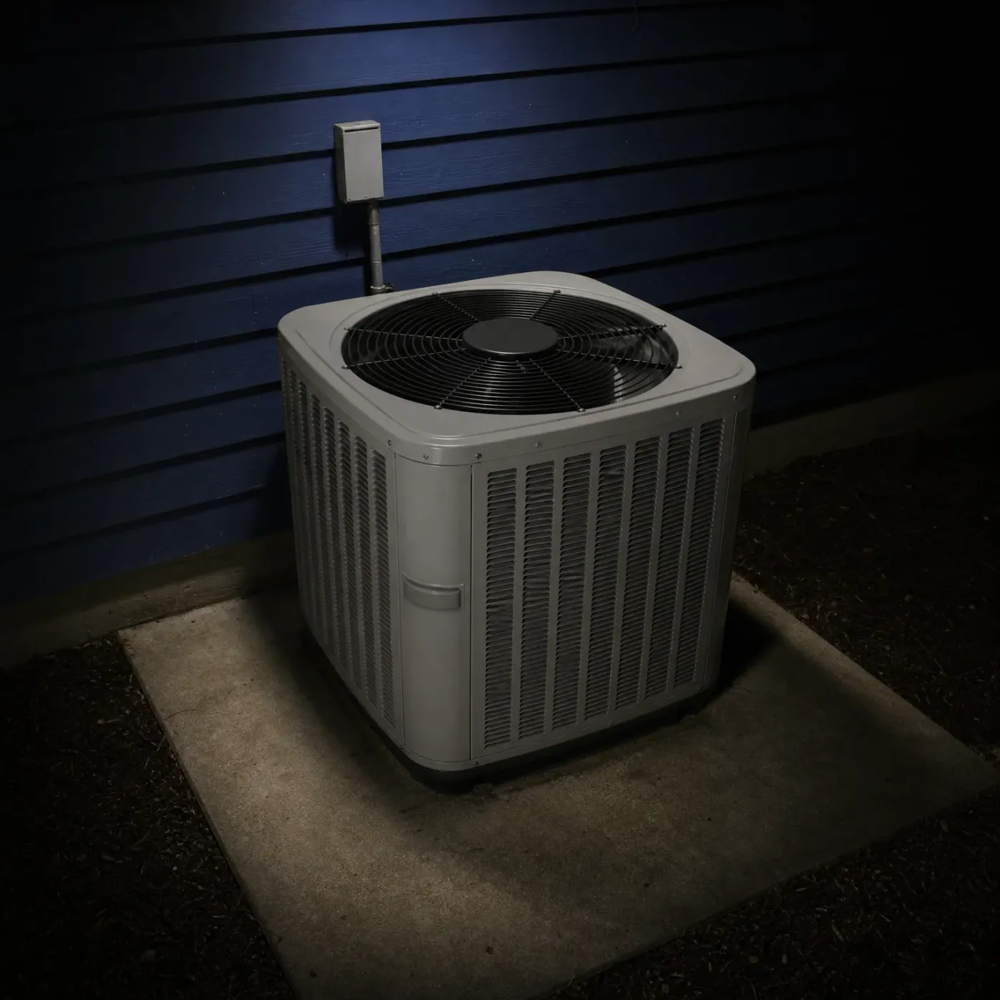 A gray outdoor condenser unit with a top-mounted fan grille sits on a concrete pad beside a dark blue horizontal lap-siding wall at night, with a disconnect box and conduit on the wall above it.