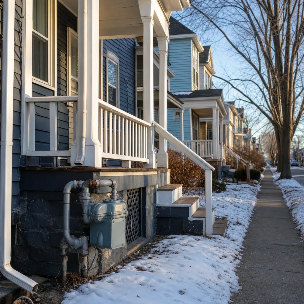 A row of wood-sided houses with covered porches and white railings along a sidewalk, with patchy snow on the ground, bare trees, and an exterior gas meter with pipes on a dark stone foundation in the foreground.