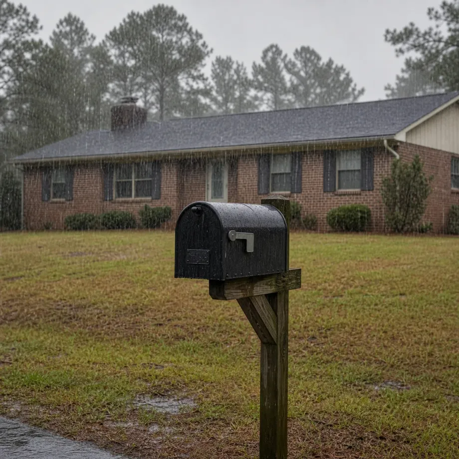 A black mailbox on a weathered wooden post stands on a grassy lawn in front of a single-story brick house with a dark shingled roof, with rain falling and pine trees behind.