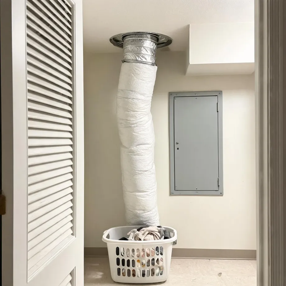 An insulated flexible duct hangs from a ceiling collar down into a white plastic laundry basket holding clothing, in a small closet with a louvered door and a gray metal access panel on the wall.