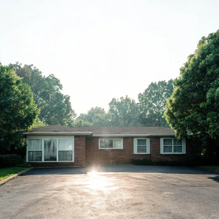 A single-story brick ranch house with white-framed windows behind a large empty asphalt parking lot, surrounded by leafy green trees under a bright hazy sky with sun flare.
