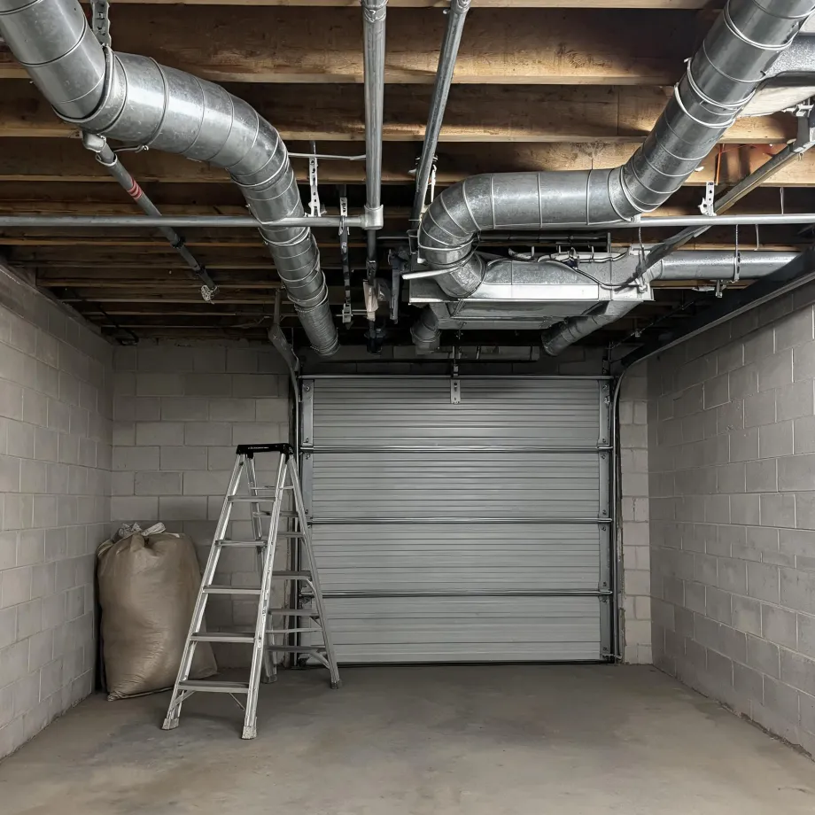 Interior of a concrete block garage with a closed sectional metal door, exposed wood joists and metal HVAC ducts overhead, a folding aluminum step ladder and a large sack against the left wall.