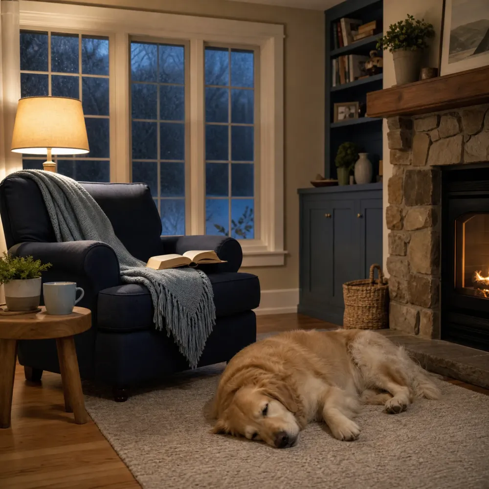 A dimly lit living room at night with a navy armchair holding an open book and a knitted throw, a lit table lamp, a stone fireplace with a fire, built-in blue shelving, and a golden retriever sleeping on a light rug.
