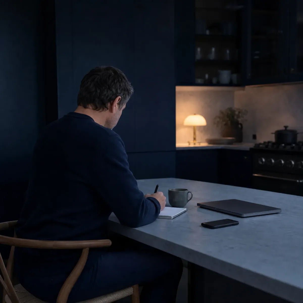 A man in a dark sweater sits on a wooden chair at a grey stone kitchen island writing in a small notebook, with a mug, closed laptop and phone nearby and a lit table lamp on the counter behind him in a dim kitchen.