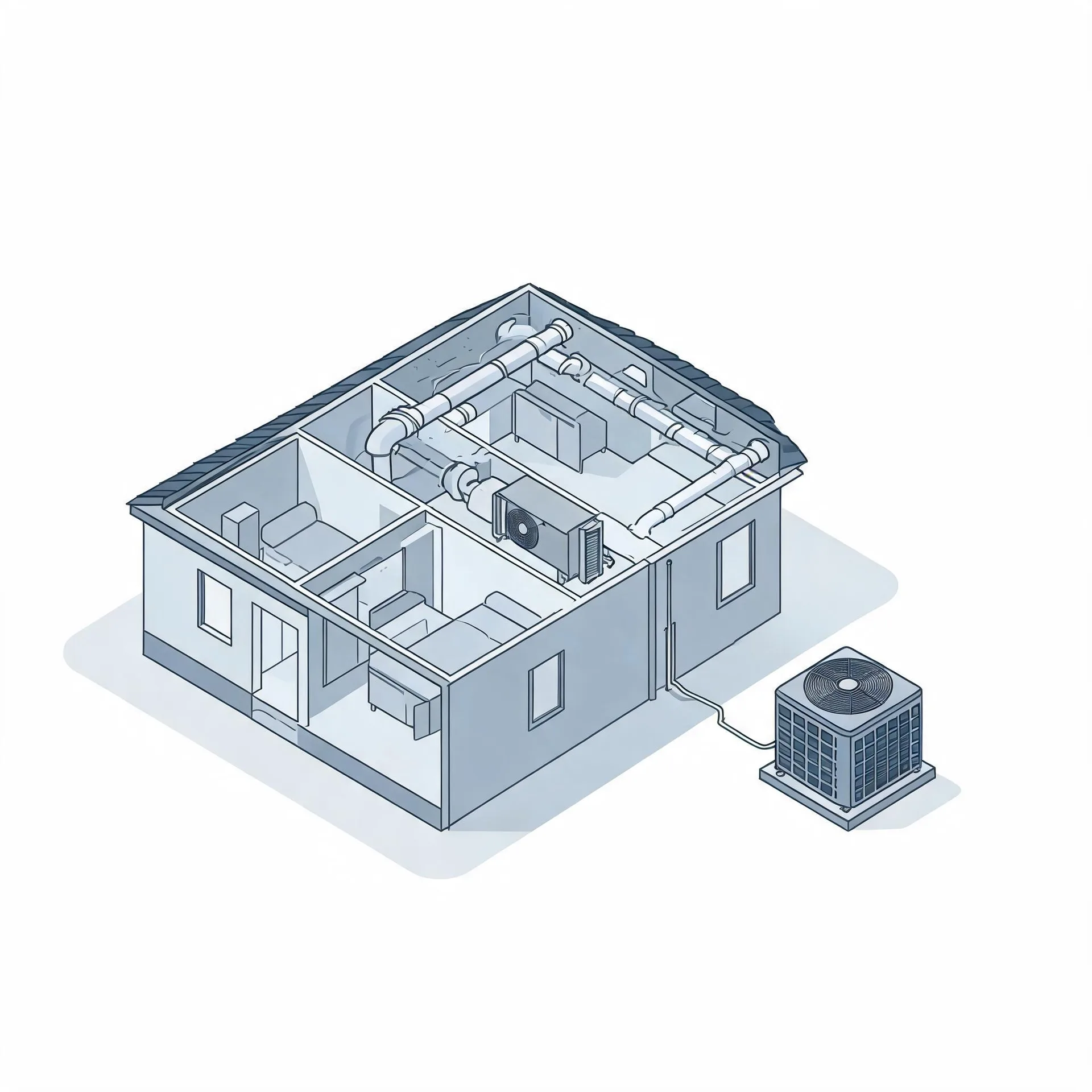 Isometric line illustration of a cutaway single-story house showing interior rooms, attic ductwork and an air handler, connected by a line to an outdoor condenser unit on a pad.