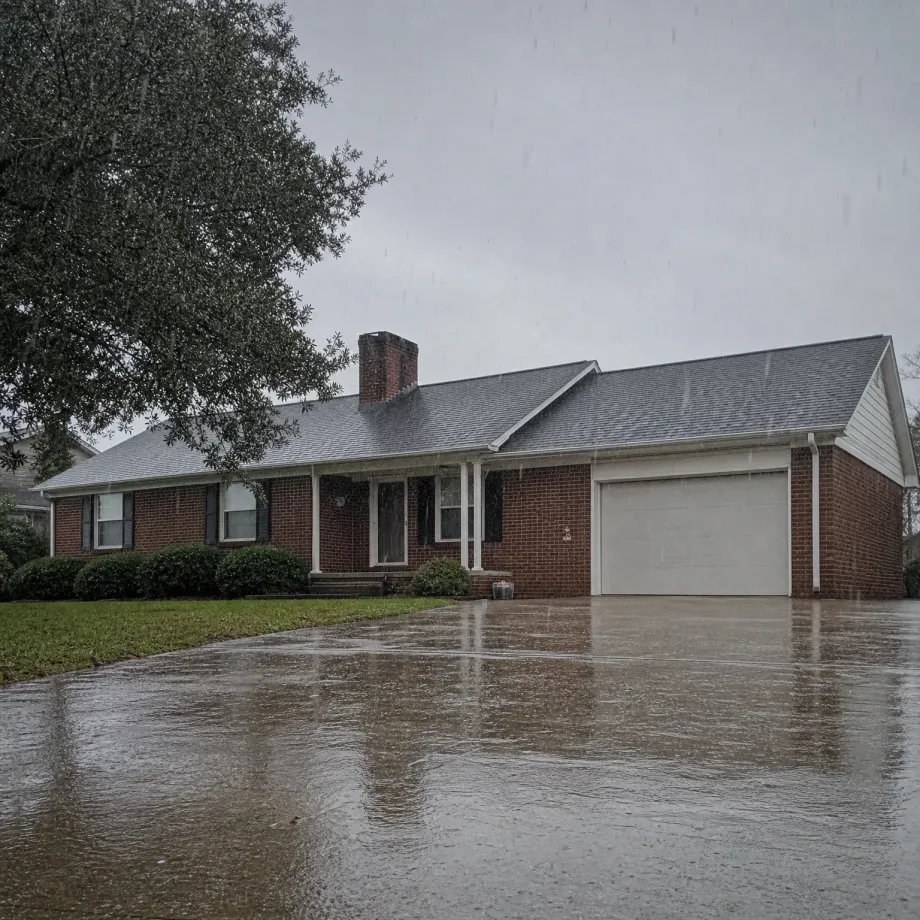 A single-story red brick house with a gray shingled roof, brick chimney, attached two-car garage with a white door, and a covered front porch, seen across a wet driveway during rain under an overcast sky, with a large tree overhanging from the left.