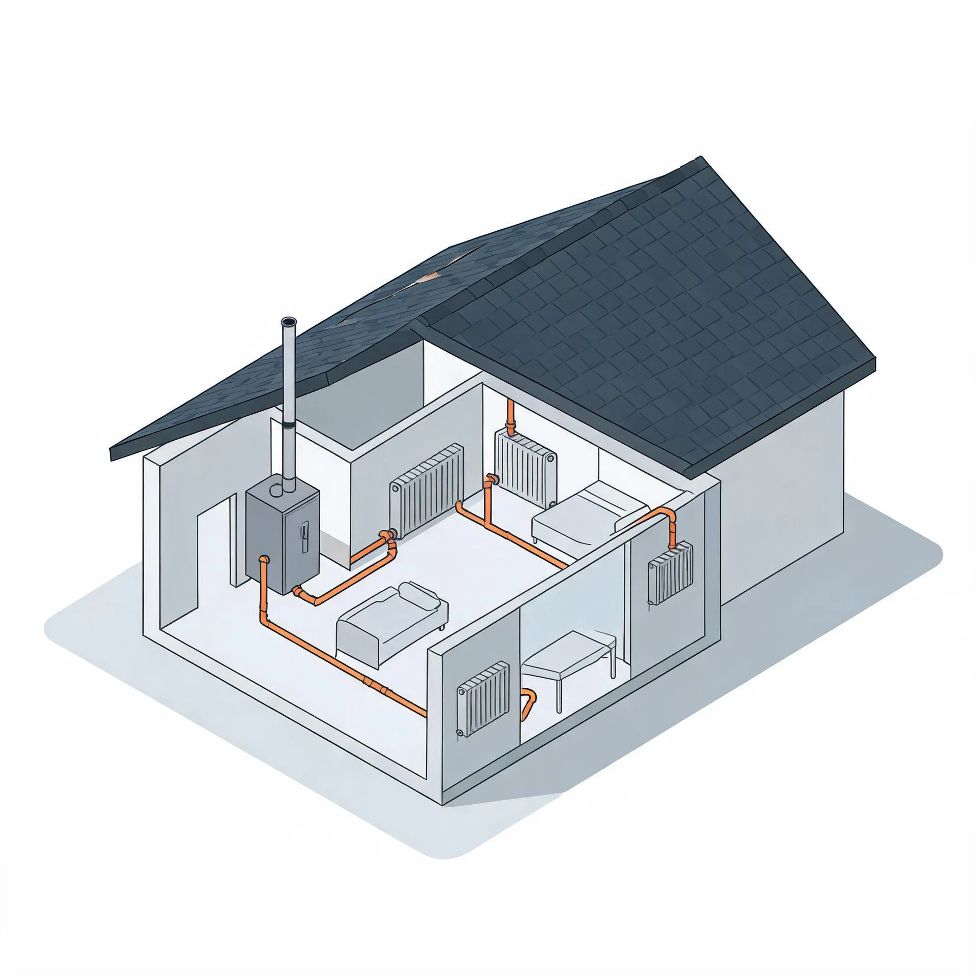 Isometric cutaway illustration of a single-storey house with a dark shingled gable roof, showing a wall-mounted boiler with a flue pipe connected by orange pipes to radiators in several rooms containing simple furniture.