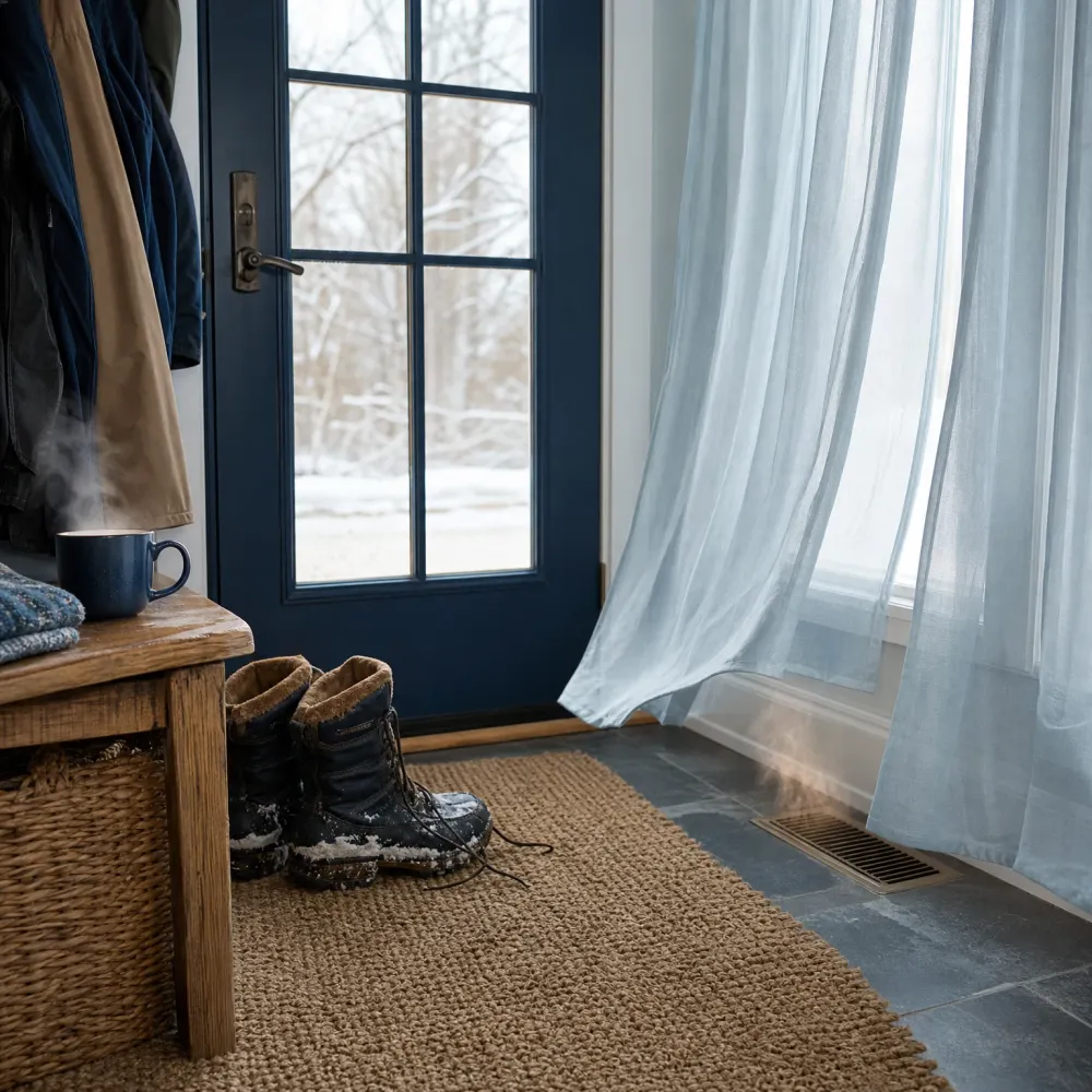 An entryway with a navy glass-paned door showing snow outside, snow-dusted boots on a woven jute rug, a wooden bench with a steaming blue mug, sheer curtains by a window, and a floor vent in the slate tile.