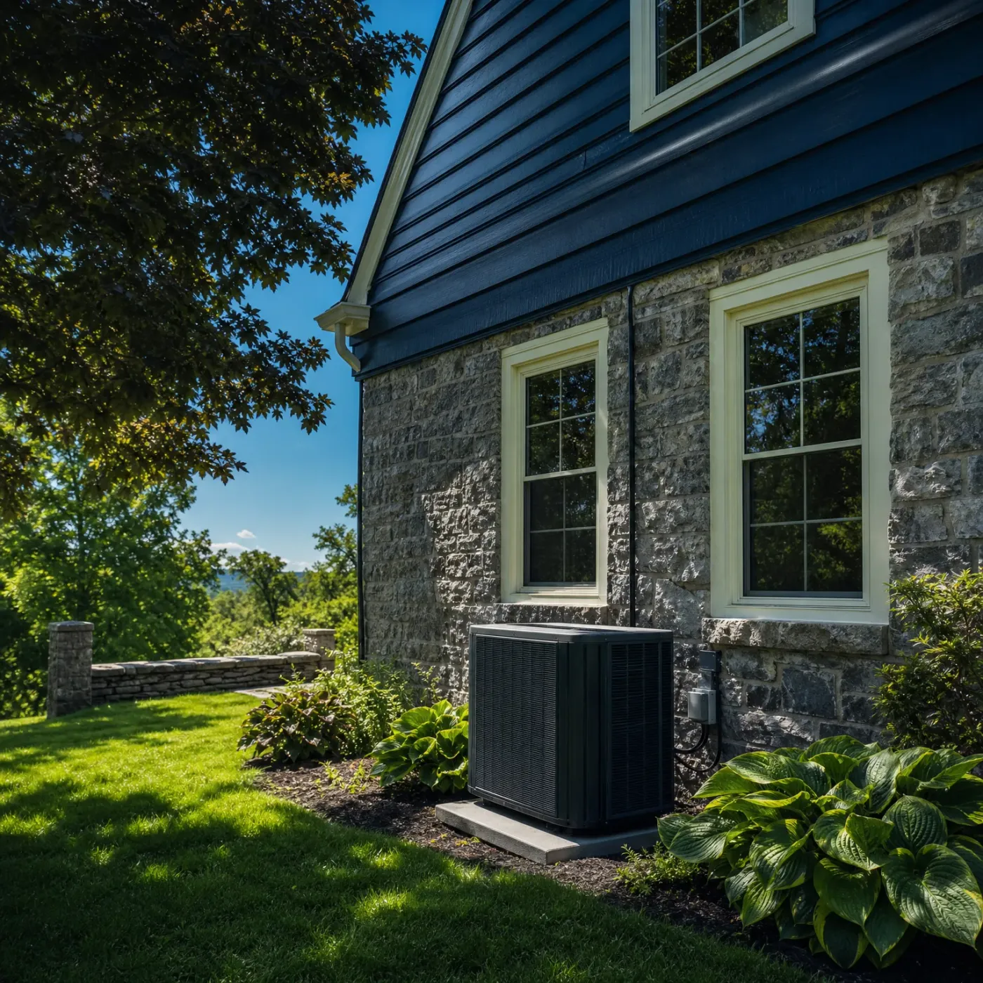 An outdoor air conditioner condenser unit sits on a concrete pad beside a stone-walled house with blue siding, surrounded by hostas, shrubs and a sunlit lawn.