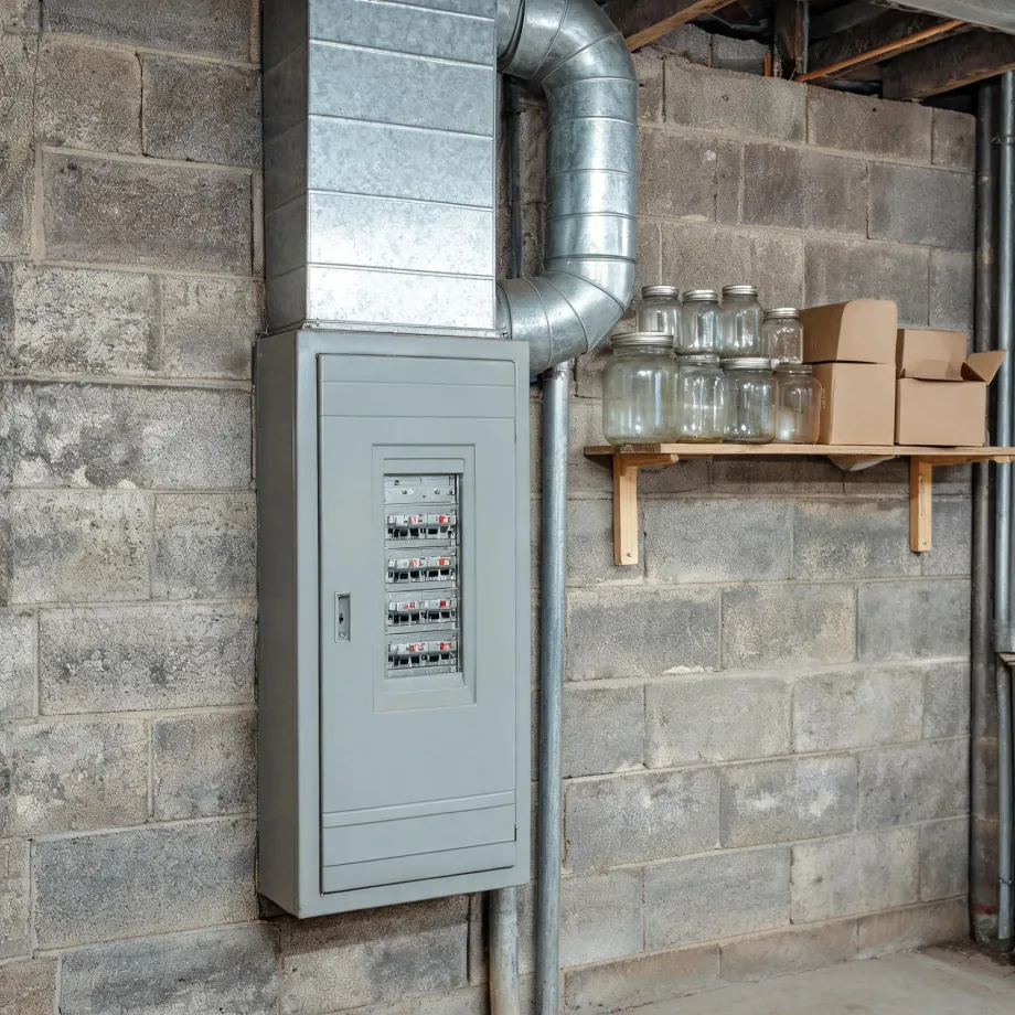 A gray electrical breaker panel with its door open showing rows of circuit breakers, mounted on a concrete block wall beside galvanized ductwork and a conduit pipe, with glass jars and cardboard boxes on a wooden wall shelf to the right.
