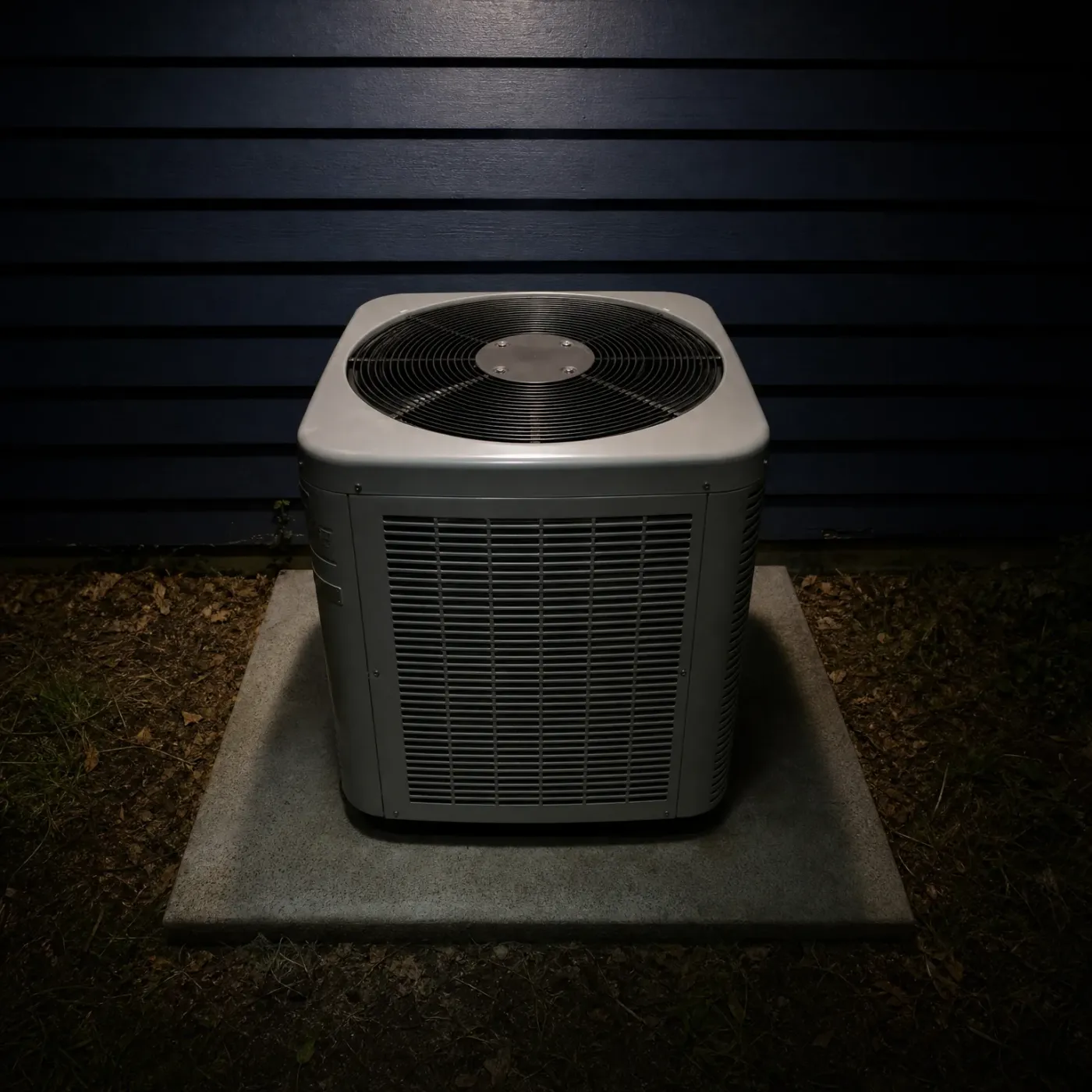 A gray outdoor condenser unit with a top-mounted fan grille sits on a concrete pad against dark horizontal lap siding, photographed at night with surrounding bare soil and leaf litter.
